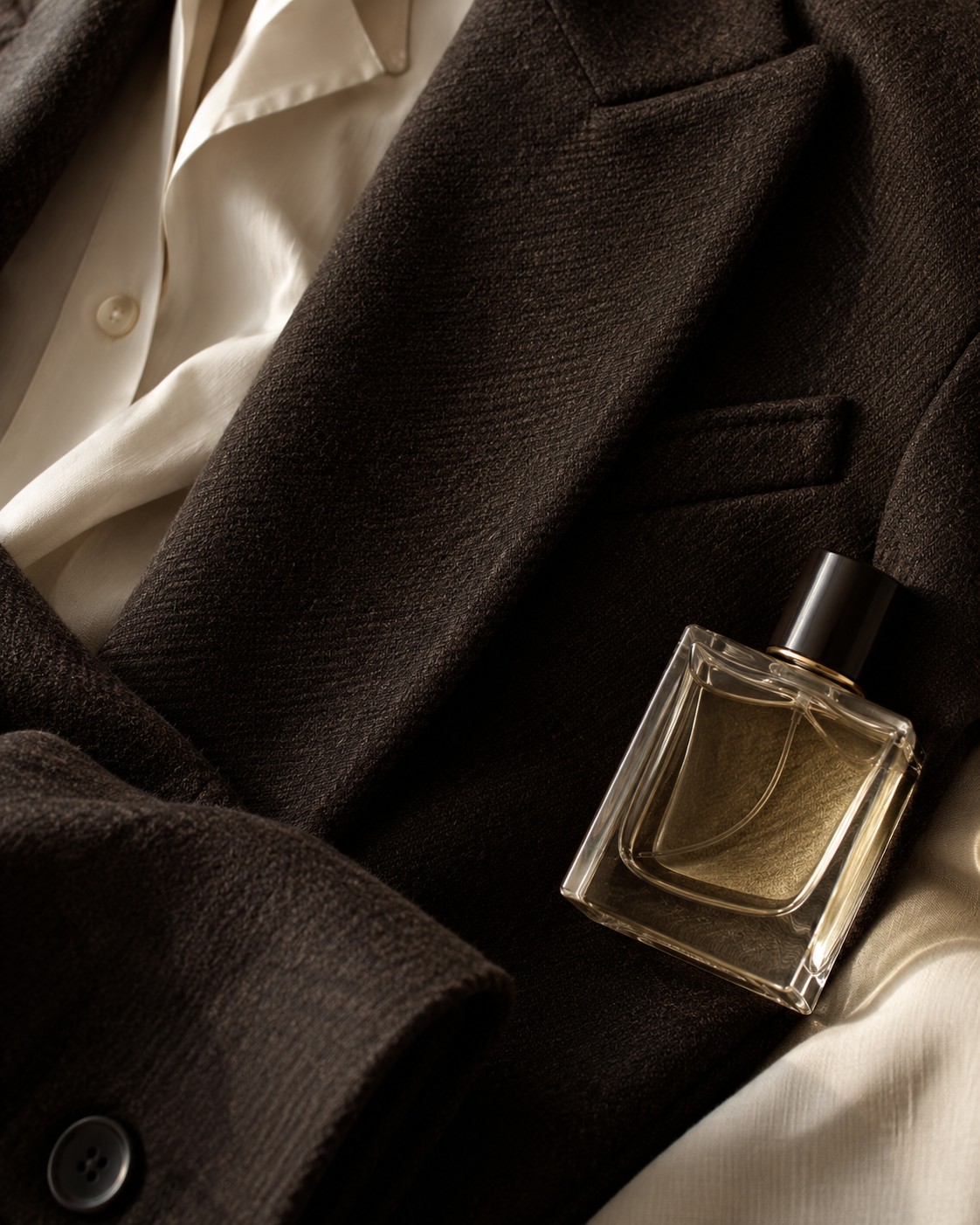 Rich brown tailoring beside an amber fragrance, lit by soft natural light